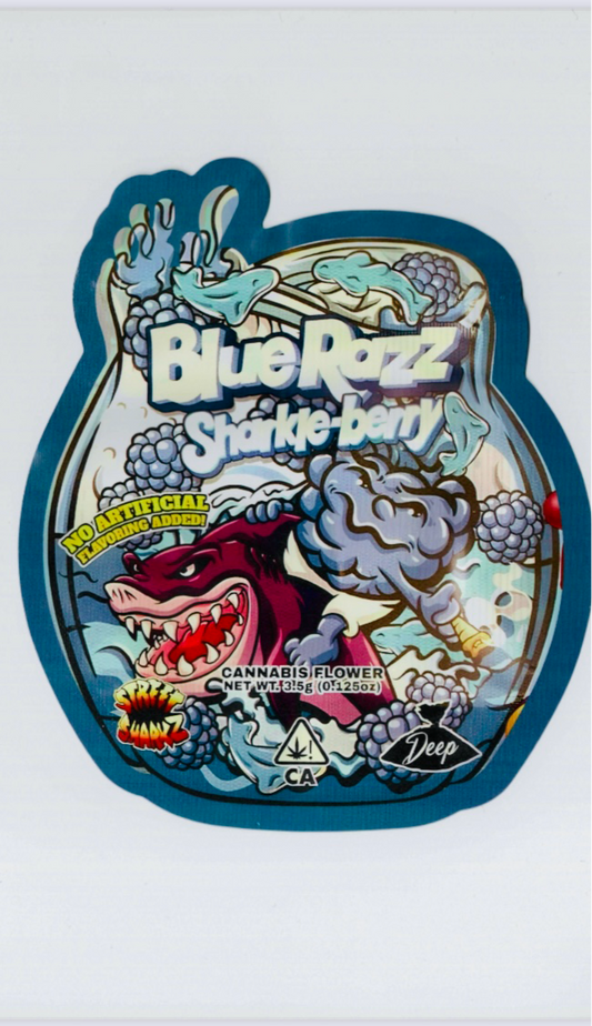 BLUE RAZZ SHARKLE-BERRY MYLAR BAGS   CALI PACKS